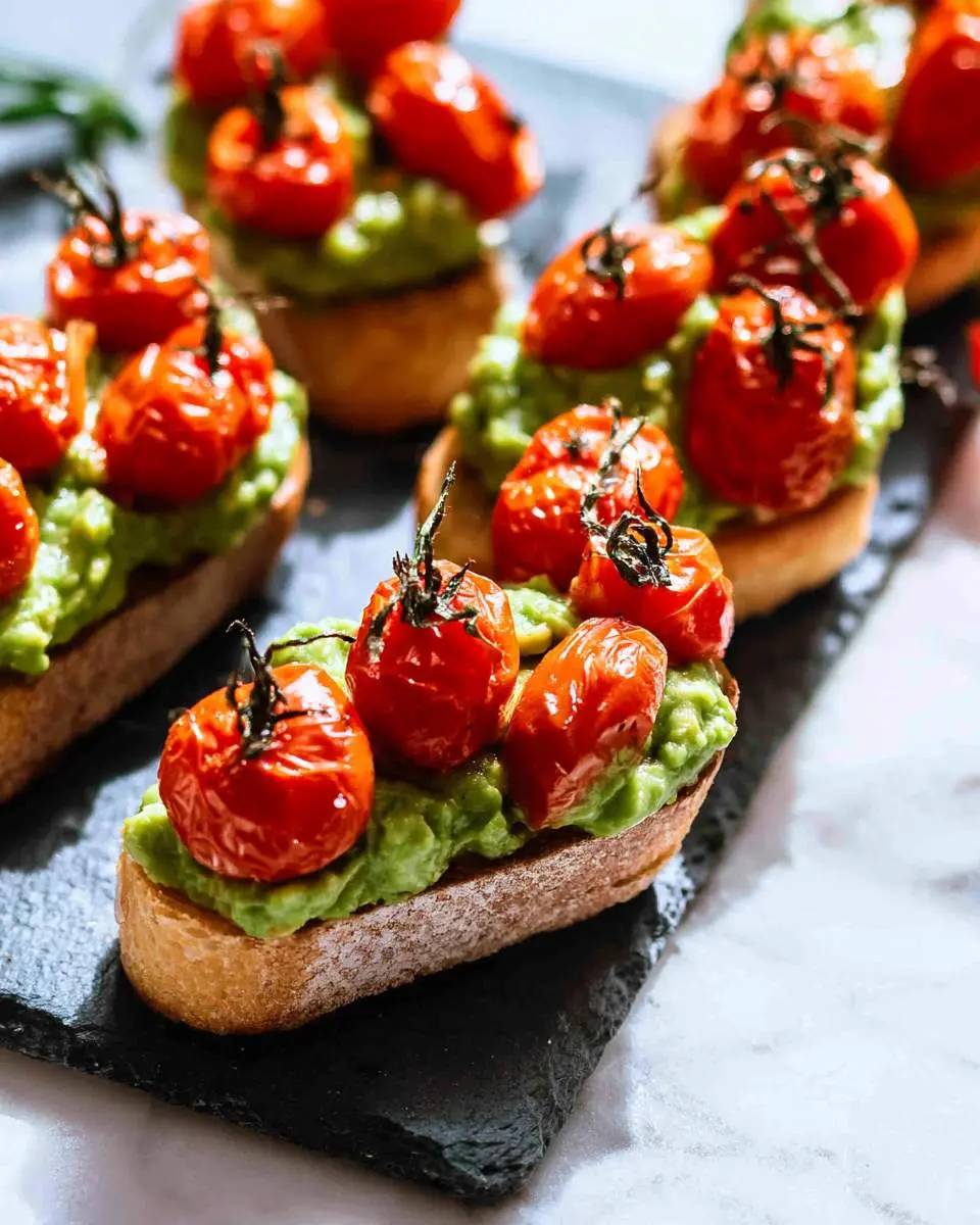 Roasted Tomato Crostini with Avocado 28 Roasted Tomato Crostini with Avocado arranged on a slate serving board, featuring toasted bread topped with mashed avocado and blistered cherry tomatoes.
