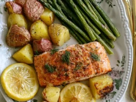 Salmon Potatoes and Asparagus Sheet Pan Dinner 39 Salmon Potatoes and Asparagus Sheet Pan Dinner served on a floral plate with lemon slices and fresh dill garnish.