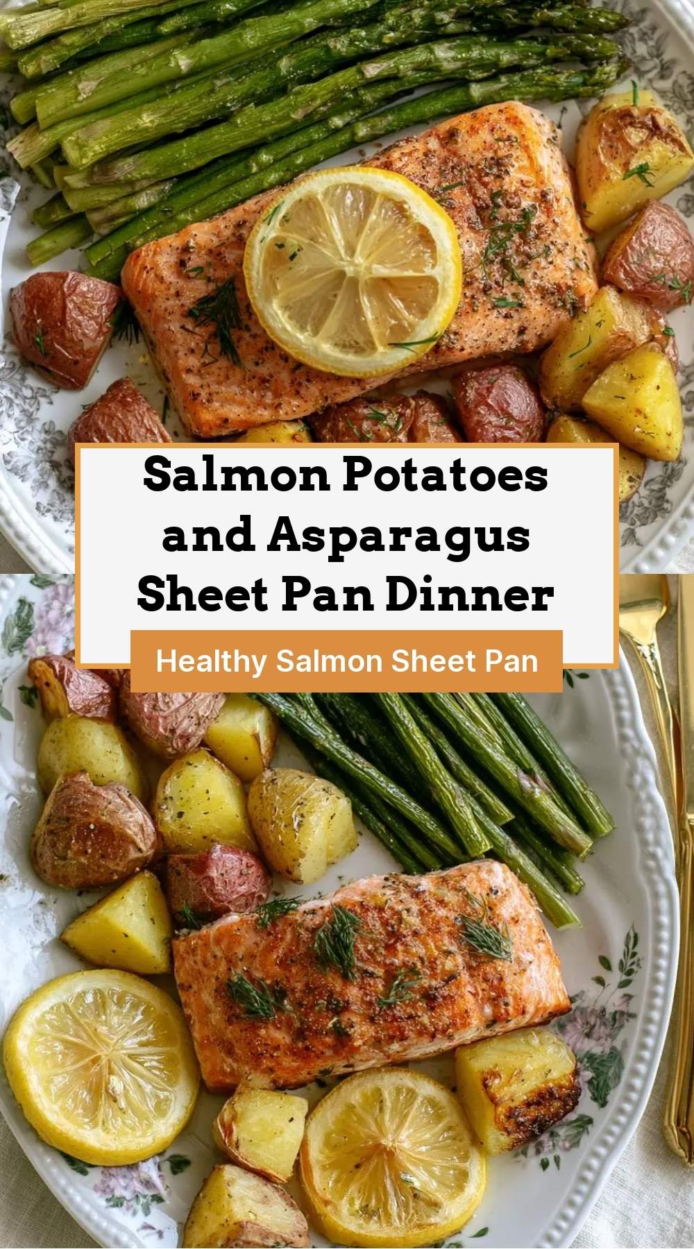 finished salmon dinner plated with lemon wedges and fresh herbs
