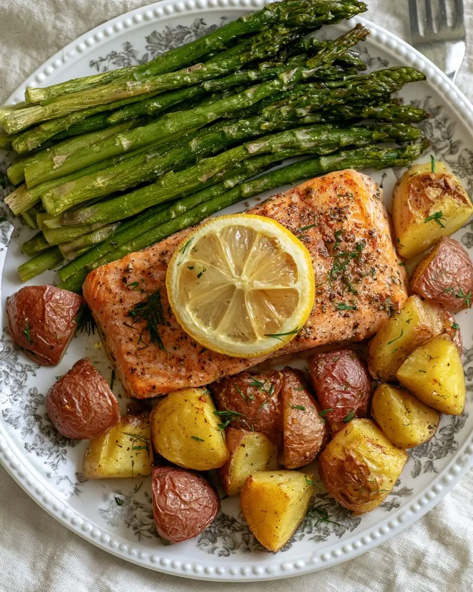 golden roasted salmon with crispy potatoes and charred asparagus on a sheet pan