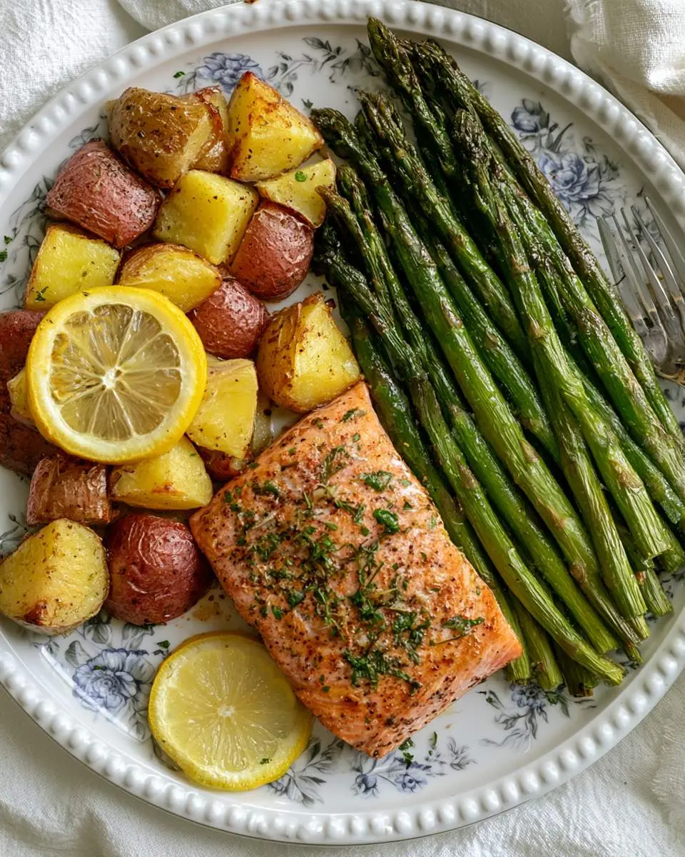 Salmon Potatoes and Asparagus Sheet Pan Dinner ingredients arranged on a sheet pan before cooking