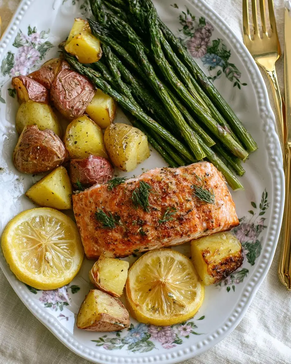 Salmon Potatoes and Asparagus Sheet Pan Dinner served on a floral plate with lemon slices and fresh dill garnish.