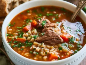 A white bowl filled with hearty Slow Cooker Beef And Barley Soup, featuring tender beef chunks, barley, carrots, and fresh parsley garnish.