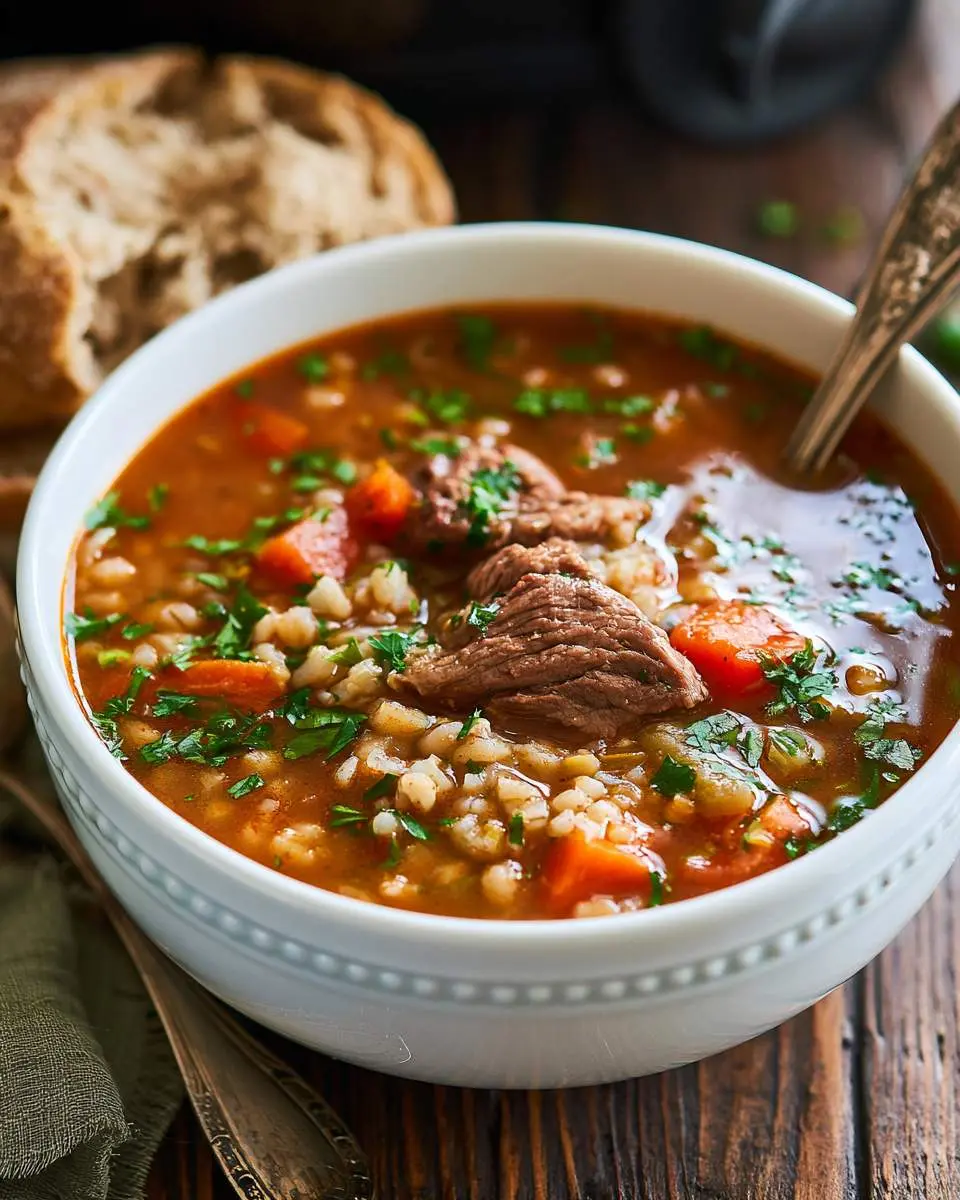 A white bowl filled with hearty Slow Cooker Beef And Barley Soup, featuring tender beef chunks, barley, carrots, and fresh parsley garnish.
