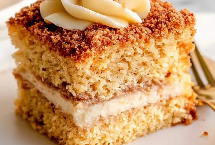A slice of Sour Cream Coffee Cake with creamy filling, crumb topping, and swirled frosting on a white plate.