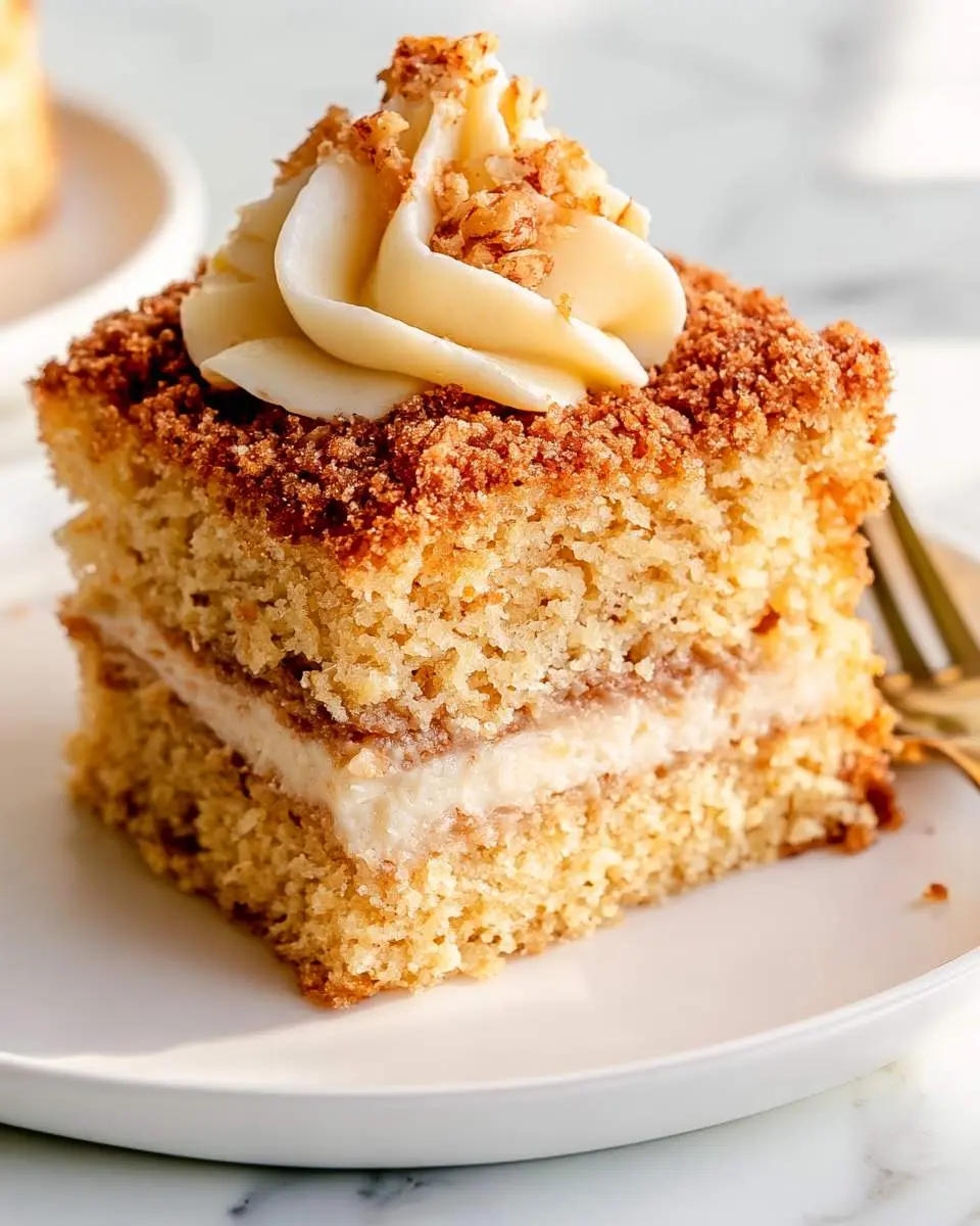 A slice of Sour Cream Coffee Cake with creamy filling, crumb topping, and swirled frosting on a white plate.