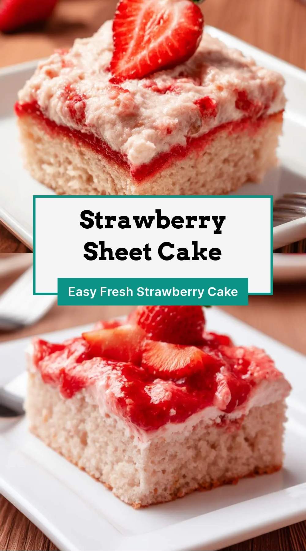 Strawberry Sheet Cake 27 Sliced strawberry sheet cake on a white platter with fresh berries