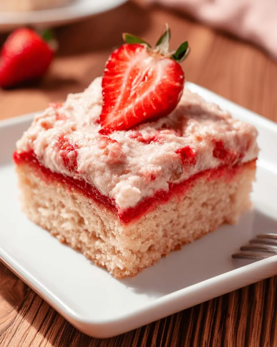 Strawberry Sheet Cake 26 Baked sheet cake with golden top and visible strawberry pieces