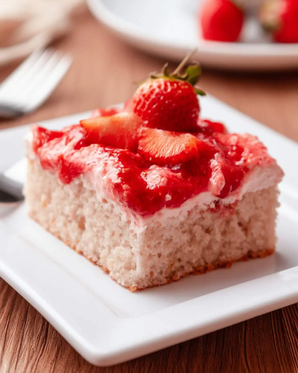 Strawberry Sheet Cake 28 A slice of strawberry sheet cake topped with fresh strawberries and glossy strawberry glaze on a white plate.