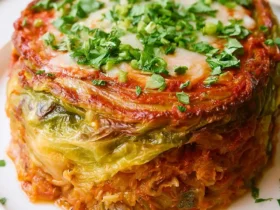 Stuffed Cabbage Cake 47 A layered Stuffed Cabbage Cake topped with melted cheese, tomato sauce, and fresh herbs on a white plate.