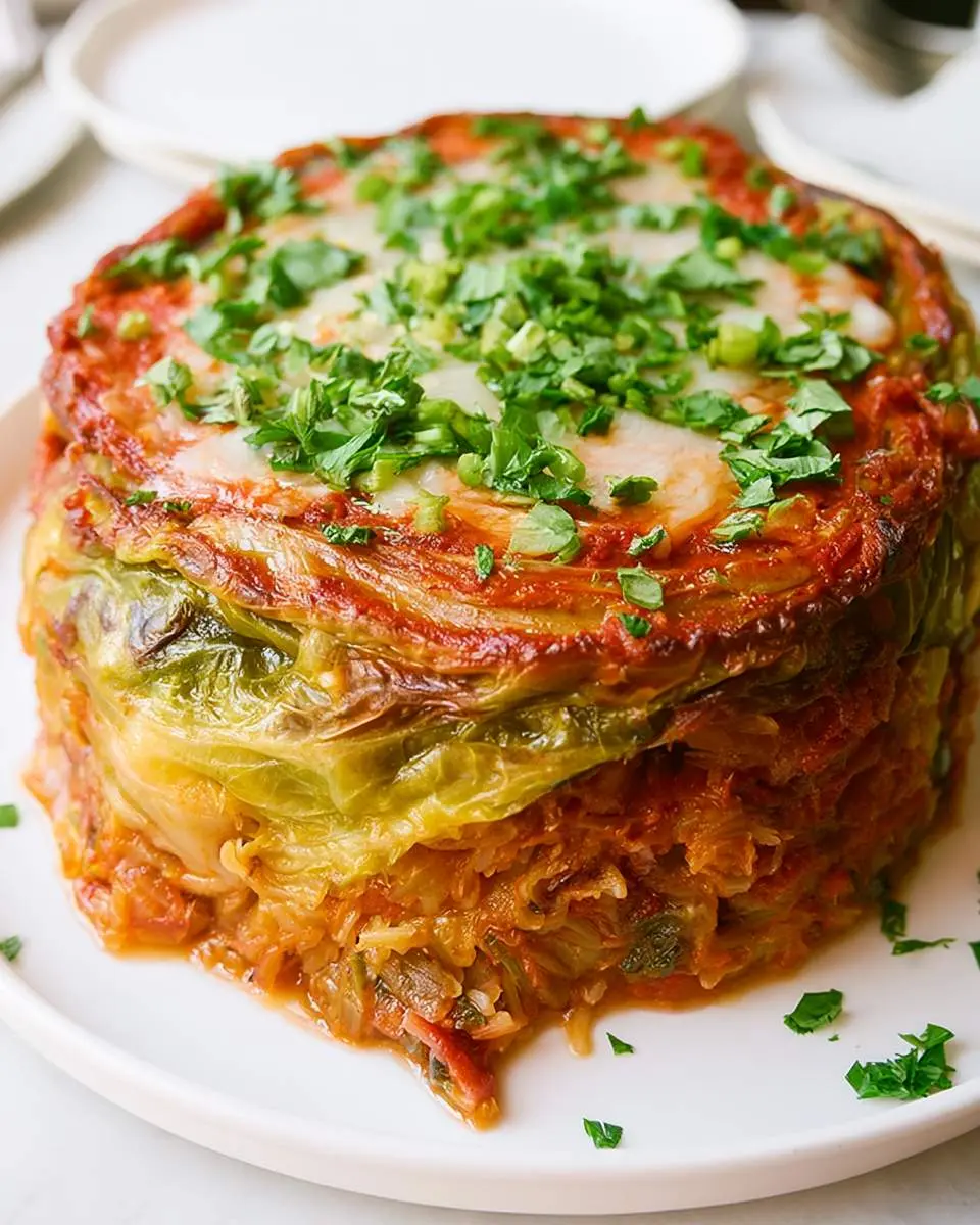 A layered Stuffed Cabbage Cake topped with melted cheese, tomato sauce, and fresh herbs on a white plate.