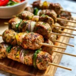 Grilled Turkey Skewers with colorful bell peppers and onions served on a wooden board with fresh salad.