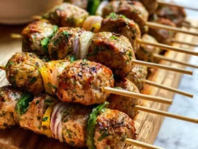 Turkey Skewers 50 Grilled Turkey Skewers with colorful bell peppers and onions served on a wooden board with fresh salad.