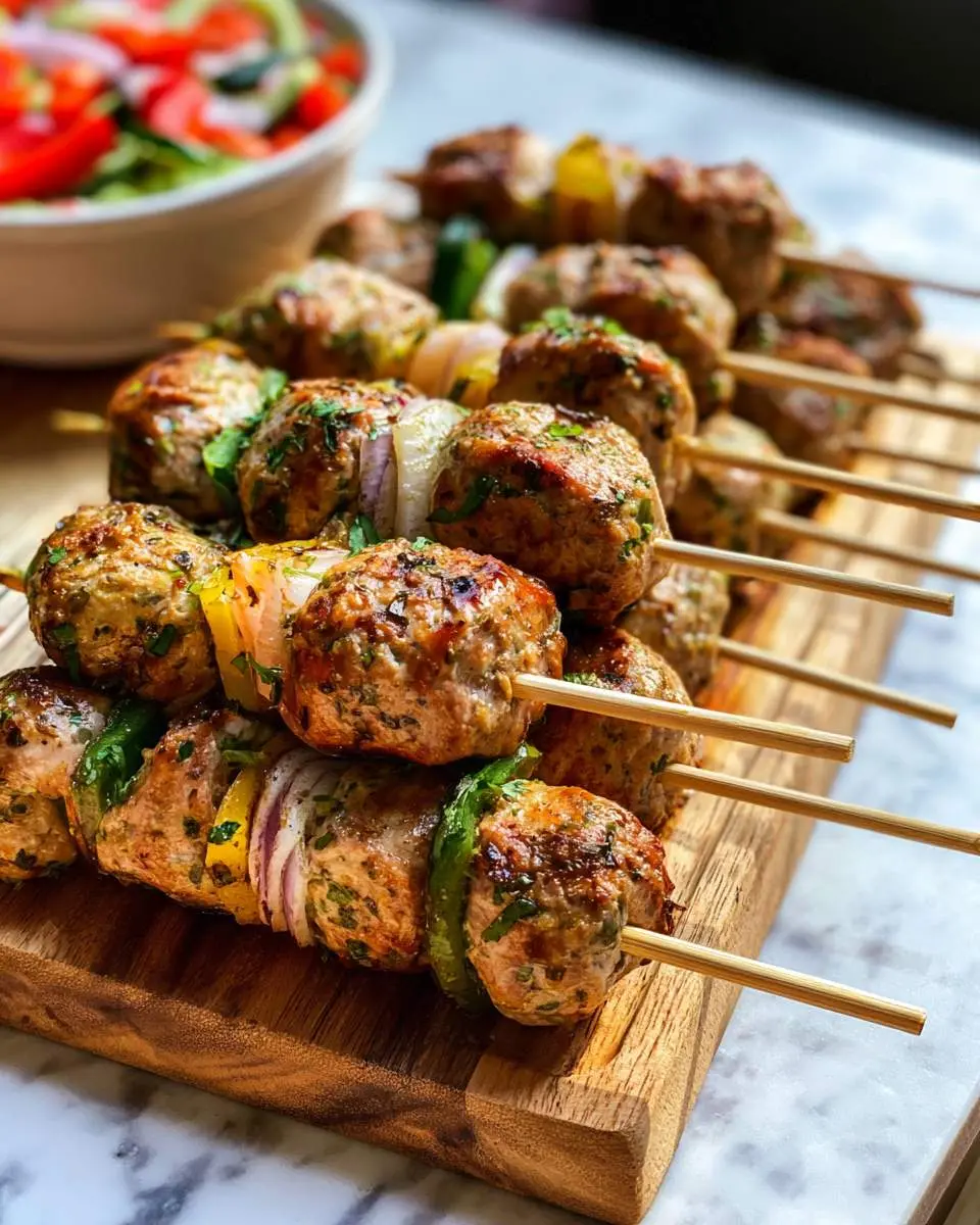 Grilled Turkey Skewers with colorful bell peppers and onions served on a wooden board with fresh salad.
