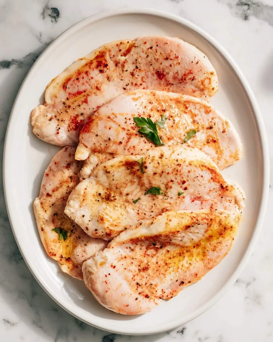 Seasoned turkey steaks arranged on a white plate, garnished with fresh herbs and spices.