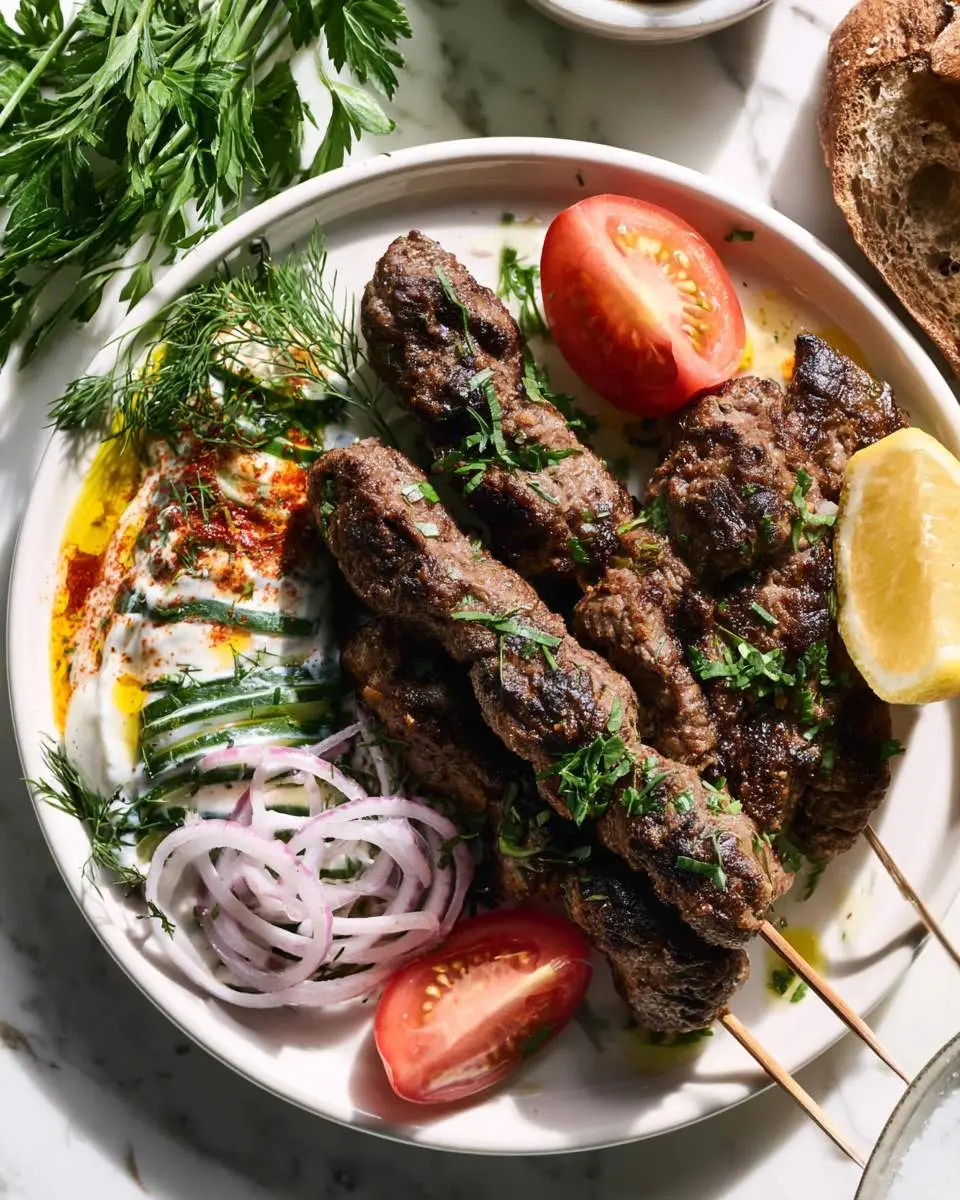 Grilled Turkish Beef Kofta Recipe served on a plate with yogurt sauce, fresh vegetables, and herbs.