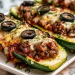 Baked zucchini pizza boats topped with melted cheese, ground meat, tomato sauce, and sliced black olives on a white plate.