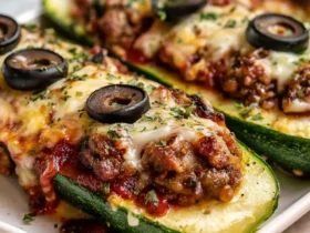 Zucchini Pizza Boats 47 Baked zucchini pizza boats topped with melted cheese, ground meat, tomato sauce, and sliced black olives on a white plate.