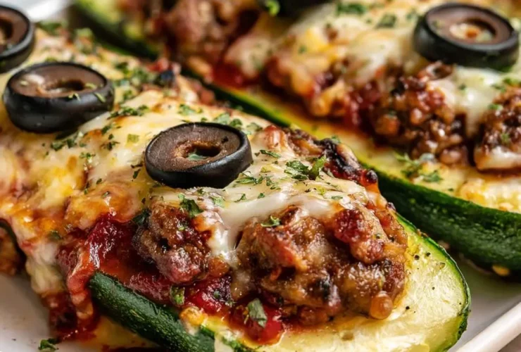 Baked zucchini pizza boats topped with melted cheese, ground meat, tomato sauce, and sliced black olives on a white plate.